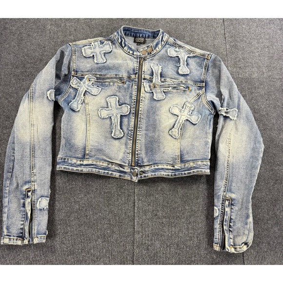 Edge by KS Jackets & Blazers - Edge by KS Womens Distressed Cross Patch Denim Jacket Blue LT60330B-K Medium